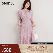 SNIDEL秋冬甜美淑女荷葉邊收腰百褶印花連衣裙SWFO244316 粉米色 S （0）
