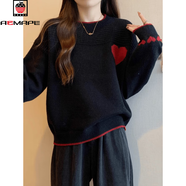 AEMAPE圓領(lǐng)套頭愛(ài)心刺繡慵懶風(fēng)加絨加厚毛衣女秋冬大碼遮肚顯瘦針織上衣 黑色 L 【110--120斤】