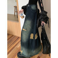 雯雯小超人水洗破洞毛邊牛仔長(cháng)裙女秋季新款2024高腰顯瘦A字裙子 復古藍 S S碼