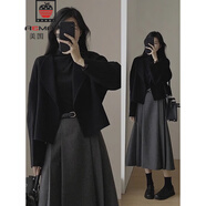 AEMAPE赫本風(fēng)小香風(fēng)2025春秋新款女裝高級感穿搭氣質(zhì)顯瘦上衣裙子一整套 黑色上衣 M 95-105斤
