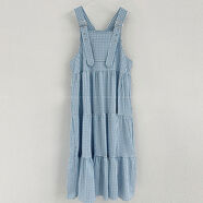 韓國chic夏季法式小眾方領(lǐng)撞色格子寬松休閑無(wú)袖背帶連衣裙長(cháng)裙女 藍格 均碼 均碼