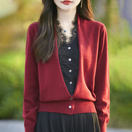 V領(lǐng)蕾絲鏤空鉤花長(cháng)袖假兩件針織開(kāi)衫女秋冬新款精仿羊毛外套女秋 新酒紅色 M M[80105]