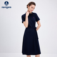 Navigare意大利小帆船短袖連衣裙女士夏季棉質(zhì)斜領(lǐng)裙子時(shí)尚顯瘦半袖a字裙 海軍藍 S 碼