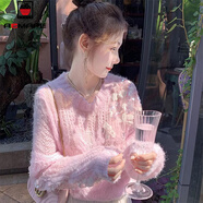 AEMAPE針織衫女2026秋冬女裝新款氣質(zhì)粉色毛衣女鏤空短款套頭上衣 櫻花粉  M _建議90-105斤