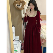 訂婚禮服圣誕跨年穿搭大裙擺公主裙法式復古絲絨紅色連衣裙女秋季 紅色 M