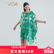 VOA桑蠶絲印花提花春綠圓領(lǐng)短袖尖型下擺清爽淑女風(fēng)真絲連衣裙AE1806 墨染春綠（Y76） M