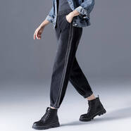 ?？|竺黑色加絨松緊腰牛仔褲女秋季冬季牛仔燈籠褲老爹褲束腳蘿卜褲 X1202#黑色【不加絨】 S