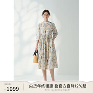 EIN【海上生花】EIN言浪漫藝術(shù)故事感印花純棉七分袖連衣裙女秋新款 淺藍 M