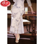 浪莎（LangSha）百褶半身裙旗袍襯裙內搭秋冬內襯裙冬季疊穿復古打底裙針織大擺裙 全蕾絲   白色  【裙長(cháng)85CM左右】 均碼