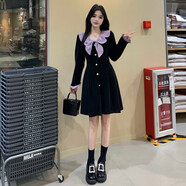 依樂(lè )琦秋冬法式蝴蝶結喇叭袖裙顯瘦小黑裙女大碼微胖mm名媛風(fēng)氣質(zhì)減齡裙 短款【超好看超仙/減齡初戀風(fēng)/甜美風(fēng)公主/打底內搭 L 【100-120斤】