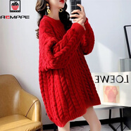 AEMAPE粗毛線(xiàn)麻花圓領(lǐng)套頭毛衣女2025秋冬新款寬松中長(cháng)款紅色針織衫上衣 紅色 L 100到120斤