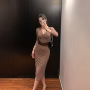 歌弗婭林關(guān)關(guān)法式小資網(wǎng)紗印花包臀裙連衣裙微胖風(fēng)情萬(wàn)種修身v領(lǐng)掐腰裙 咖色格子 連衣裙 M