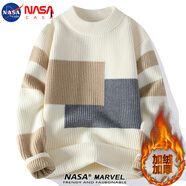 NASA CASA撞色拼接毛衣男冬季新款韓版潮流休閑百搭寬松針織衫 米白（加絨） XL （約120-135斤可穿）