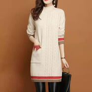 ANBIEM加絨加厚針織衫中長(cháng)款半高領(lǐng)打底大碼新款300斤毛衣女冬天厚裙子 米紅色【春秋薄款】 L  【建議100-120斤】
