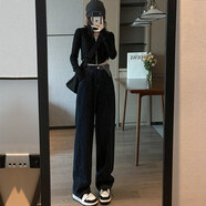 以純高腰牛仔褲女直筒寬松秋冬2025年新款加厚闊腿小個(gè)子加絨褲子冬季 深藍色(九分) XS