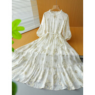 魅耀桑蠶絲剪花喬其通勤風(fēng)長(cháng)袖高腰A字連衣裙 唯美撞色花邊春夏秋三穿 白色金絲 M