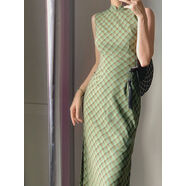 Srsoe格致覆古格子斜裁新中式改良旗袍裙女日?？铒@瘦國風(fēng)洋裝 綠色 S S