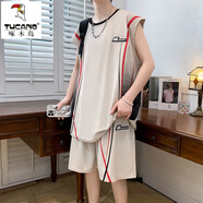 啄木鳥(niǎo)（TUCANO）夏季冰絲速干短袖t恤套裝男孩學(xué)生兩件套裝坎肩背心球衣五分短褲 20675-TZ8925卡其色(背心+短褲) XL (120-140斤左右)