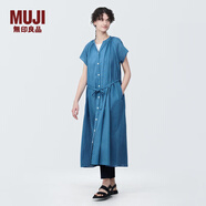 MUJI女式 強捻法國袖連衣裙 女裝裙子夏季純棉全棉襯衫連身裙BC2JGC4S 藍色 L(165/88A)