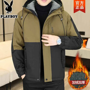 花花公子（PLAYBOY）正品加絨連帽外套男士2025秋冬新款拼接潮流防寒保暖夾克 8801加絨卡其色 XL 建議體重140-155斤