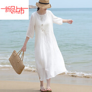 啄木鳥(niǎo)（TUCANO）夏季天絲苧麻刺繡帶內襯連衣裙女仙氣質(zhì)顯瘦白色棉麻料長(cháng)袍子 白色 XL [建議132-145斤]
