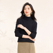 春竹羊絨衫女100%山羊絨半高領(lǐng)打底針織衫基礎套頭純色內搭毛衣女 黑色 兩翻領(lǐng) M ( 95CM）