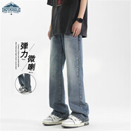 頂峰保羅（Dingfengbaoluo）美式高街牛仔褲男春秋季休閑直筒百搭修身微喇長(cháng)褲DFS09復古藍2XL