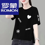 羅蒙（ROMON）品牌女裝2026夏季新款短袖t恤女韓版寬松顯瘦圓領(lǐng)開(kāi)叉上衣時(shí)尚休 黑色 2XL 121-135斤