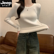 JEEP SPIRIT春秋2025新款圓領(lǐng)修身緊身長(cháng)袖打底針織衫上衣春秋薄款內搭毛衣女 白色- 加絨 均碼 高彈力 70-130斤