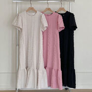 韓國chic法式甜美圓領(lǐng)立體褶皺泡泡棉寬松短袖荷葉邊魚(yú)尾連衣裙女 黑色 均碼 均碼