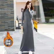 秋冬加絨加厚連衣裙修大碼超長(cháng)拖地女身過(guò)膝打底裙高領(lǐng)顯瘦長(cháng)裙 深灰色新款半高領(lǐng)加長(cháng)款 XL XL適合115-130斤按實(shí)際三圍選碼