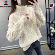 AEMAPE高領(lǐng)麻花套頭針織衫女2025新款毛衣女冬慵懶風(fēng)寬松大碼內搭針織衫 米白色 M 建議95-105斤
