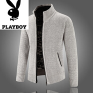 花花公子（PLAYBOY）秋冬歐美簡(jiǎn)約加絨加厚立領(lǐng)毛衣外套男士時(shí)尚休閑長(cháng)袖拉鏈針織開(kāi)衫 淺灰色 XL