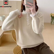 AEMAPE水貂絨套頭毛衣女2025秋冬新款蕾絲拼接珍珠紐扣加厚寬松保暖打底 杏色 M 95-110