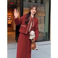 AEMAPE紅色國風(fēng)新中式毛呢套裝連衣裙女2025春季新款氣質(zhì)短外套兩件裝 紅色 L 推薦 125-140斤