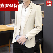 鑫羅圣保春秋季休閑西服秋裝青年西裝外套男春秋款男士小西裝韓版修身格子 815西裝米色 L 建議105-120斤