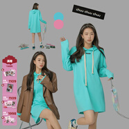 CHUU時(shí)尚連帽連衣裙女秋季秋季新款簡(jiǎn)約運動(dòng)風(fēng)寬松A字短裙子 藍色 均碼