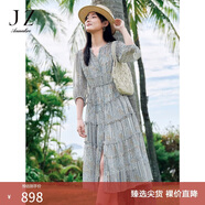 玖姿·安娜蔻優(yōu)雅民族風(fēng)多層雪紡蛋糕裙收腰連衣裙女2025夏款 花紋藍色 XL