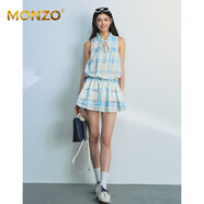 MONZO國際高端品牌黑白棋盤(pán)格子木耳領(lǐng)無(wú)袖收腰連衣裙女夏季小個(gè)子蓬蓬 藍色 S