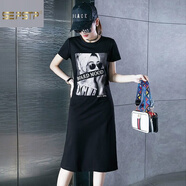 夏典素訂女王（SE.PSTP）歐美休閑連衣裙女夏季2025新款短袖感印花直筒過(guò)膝長(cháng)款t恤裙 黑色 XL 120-130斤