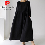 皮爾卡丹（pierre cardin）長(cháng)袖連衣裙大碼寬松棉麻套頭圓領(lǐng)過(guò)膝長(cháng)裙氣質(zhì)休閑風(fēng)森女系打底衫 黑色 S
