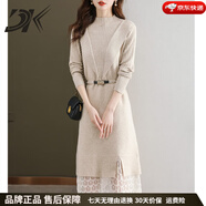 DK品牌假兩件連衣裙女韓版媽媽春秋洋氣蕾絲拼接毛衣長(cháng)裙A字遮肉 米白色 【配腰帶】 M 【建議90-108斤】