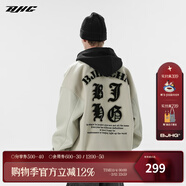 BJHG不計后果秋毛呢PU皮拼接夾克男女高街國潮寬松繡花棒球服休閑外套 灰色 M  (100-120斤）