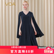VOA100%真絲30姆米重磅V領(lǐng)荷葉邊袖順褶款斗篷式桑蠶絲連衣裙 AE386 高原藏青（A18） M