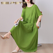 夏典素訂女王（SE.PSTP）素訂女王品牌新款棉綢連衣裙女夏季加大碼寬松氣質(zhì)高端媽媽裝外穿 果綠色 3XL 建議140-160斤