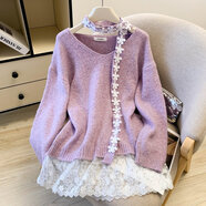 FHHUABD溫柔風(fēng)蕾絲拼接下擺飄帶V領(lǐng)毛衣女冬季氛圍感慵懶寬松針織衫上衣 紫色 S
