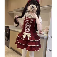 何佳功熊之原創(chuàng  )lolita古早昭和蛋糕三層裙擺背帶裙套裝公主風(fēng)清新甜美 酒紅色背帶裙+白色過(guò)膝襪+禮盒 M M