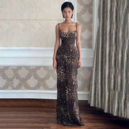 gusty歐美御姐豹紋蕩領(lǐng)吊帶裙網(wǎng)紗拖地長(cháng)裙女時(shí)尚辣妹度假連衣裙 豹紋 S S