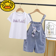 G.duck女童牛仔背帶褲套裝2024夏季新款中大童薄短褲短袖恤吊帶兩件套9 背帶褲+短袖T恤 150 嗎建議身高140厘米