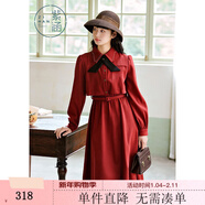 紫涵假兩件收腰連衣裙女年冬季復古高腰顯瘦大裙擺中長(cháng)裙 復古紅 XS